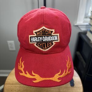 Vintage Harley Davidson Flames Hat Red Adjustable Cap Y2K Retro Fire